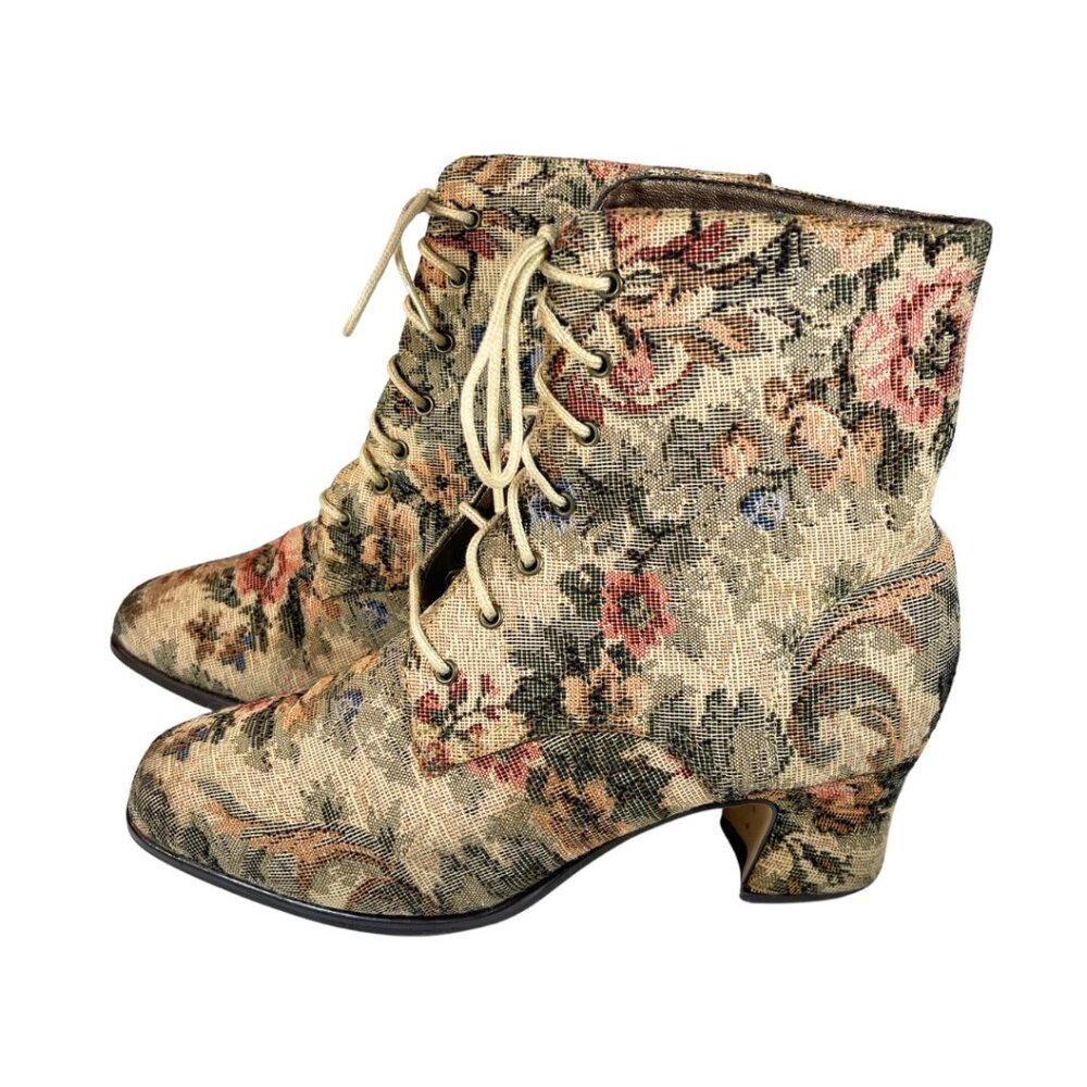 VINTAGE RETRO ROSE FLORAL TAPESTRY LACE UP VICTORIAN GRANNY ANKLE BOOTS 7